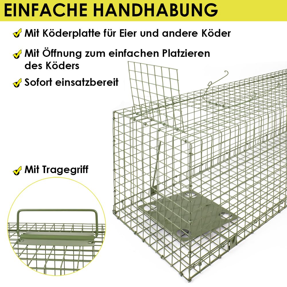 Petigi Lebendfalle Grün Drahtfalle Marder Lebend Wiesel Garten Kaninchen Abwehr Umsiedeln Falle Haus Zubehör Ratte Vertreiben Dachboden Rattenfalle 102 x 29 x 31 cm