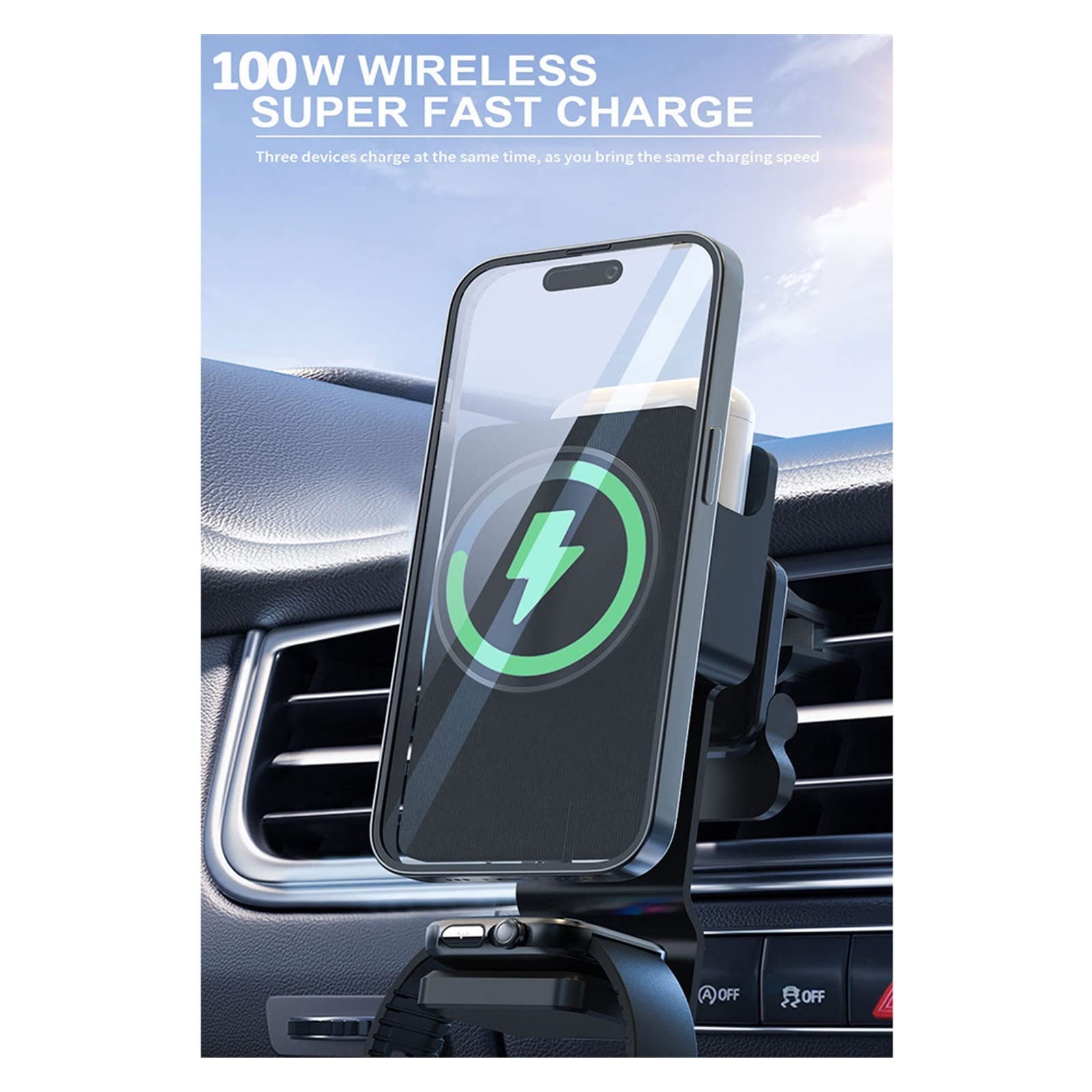 Bezprzewodowe ładowarki magnetyczne 100 W 3 w 1 Stojak na odpowietrznik samochodowy Uchwyt na telefon Stacja szybkiego ładowania do telefonu Zegarek Słuchawki Kompaktowy i mocny(Charger with Sucker)