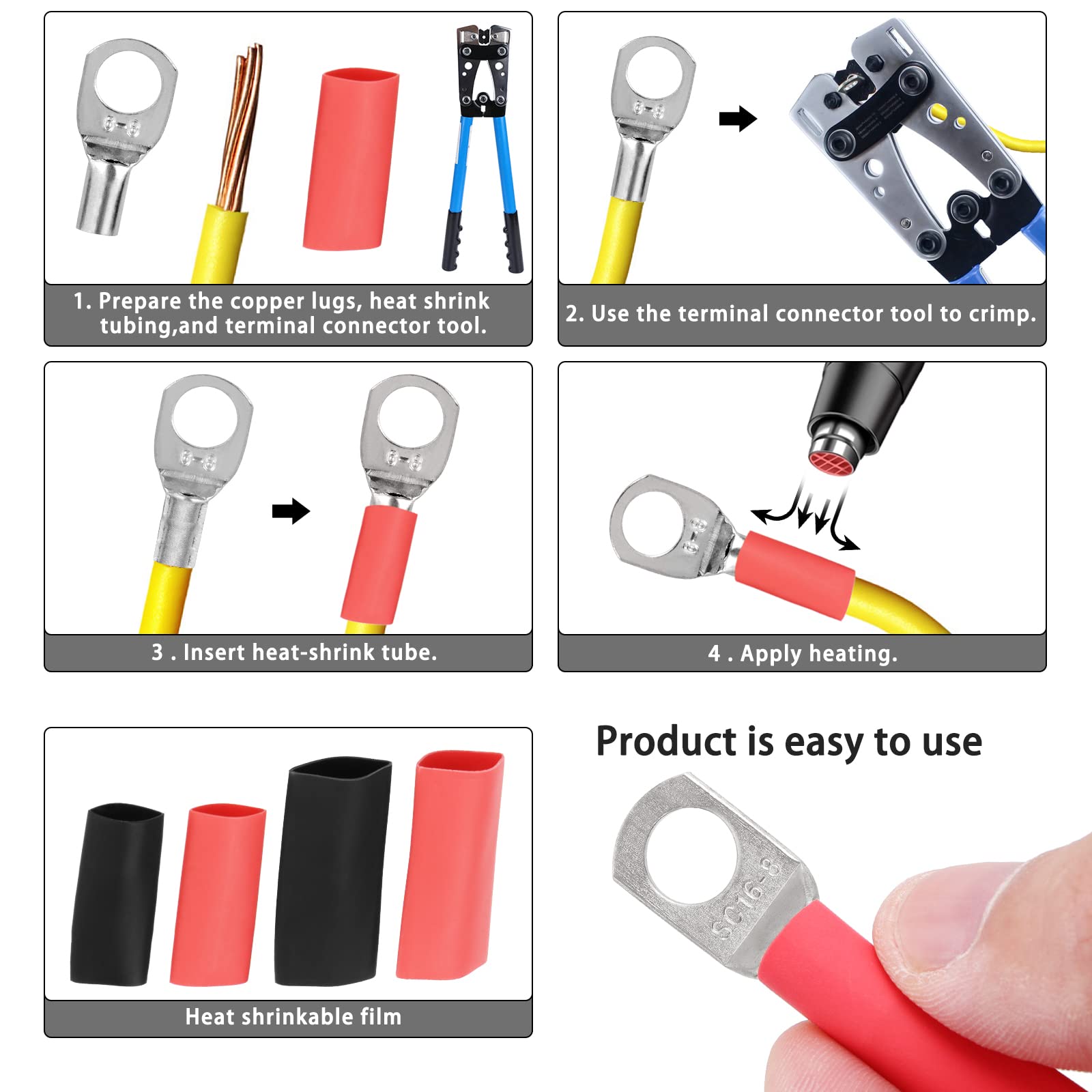 Gueenky 200 Pièces Cosse a Sertir 6/10/16/25mm², 8 Tailles M6 M8 Cosse Batterie a Sertir, Cosse Electrique Cosses Tubulaires SC Bornes Cosses de Câble à Anneau Cuivre avec Gaines Thermorétractables