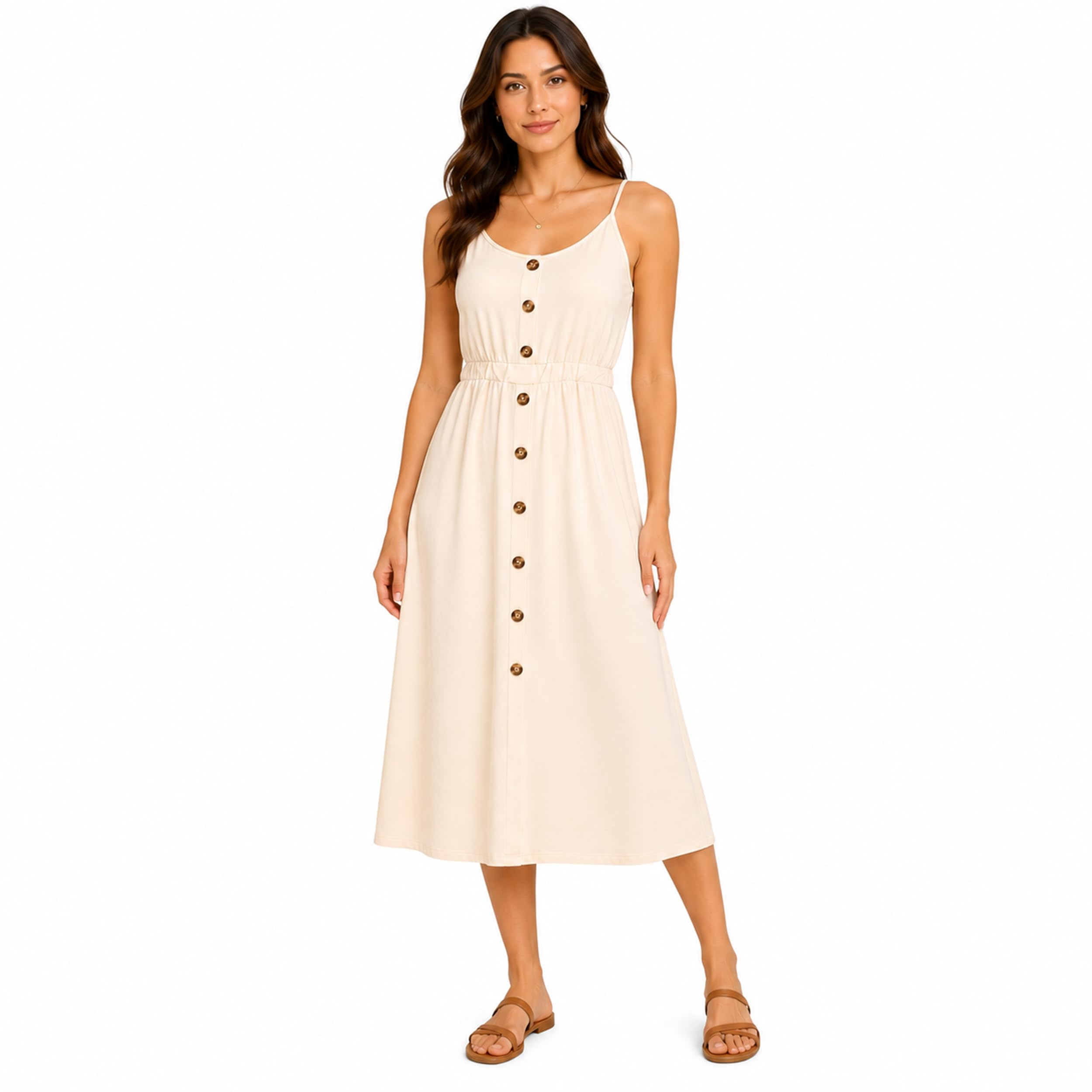 es-uk Women's Button Down Midi Sundress – Sleeveless Spaghetti Strap Summer Dress, Elastic Waist – Casual A-Line Tank Dress for Beach, Vacation & Everyday Wear (Cream, XL)