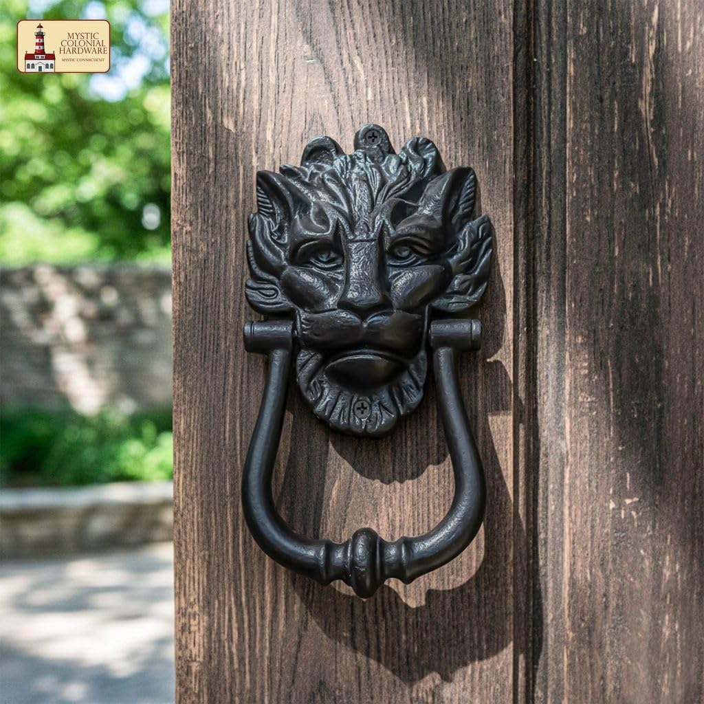 Mystic Colonial Medieval Cast Iron Lion Head Door Knocker 1 Pc - 8 in × 4.5 in (20.3 cm × 11.4 cm) Vintage Rustic Front Door Hardware | Decorative Medieval Entry Knocker with Mounting Screws