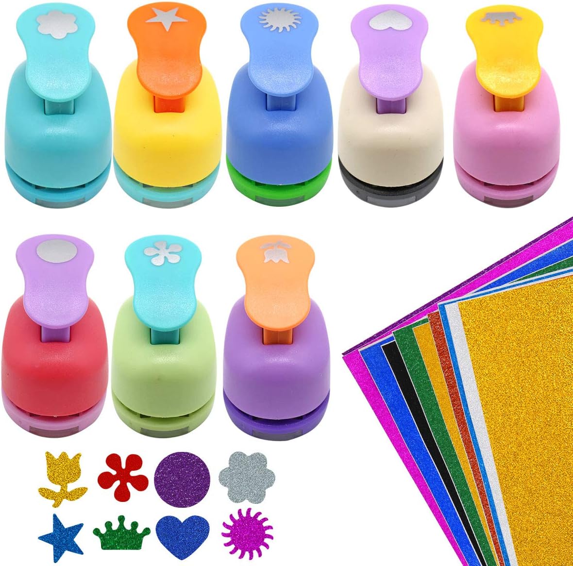 8 Pieces Paper Punchers Craft Holes Punch Scrapbook Punches 10 Sheets Glitter Sticker Paper, Round, Star, Heart, Rose, Wave Circe, Crown, Sunflower Shape for Kids Party Favors