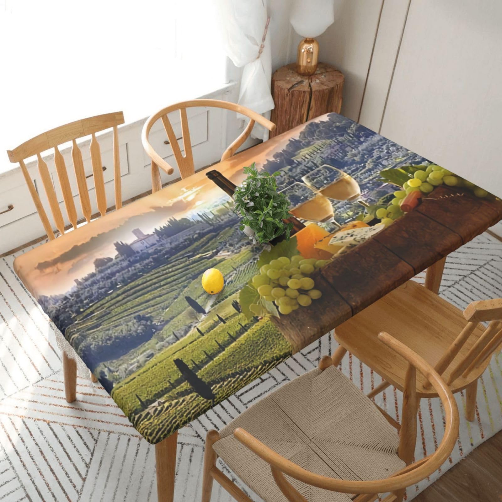 DCEHGEW Elastic Fitted Rectangle Tablecloth for 5ft Tables, Vineyard Printed Oilproof & Washable Fabric Picnic Table Cloth Table Covers