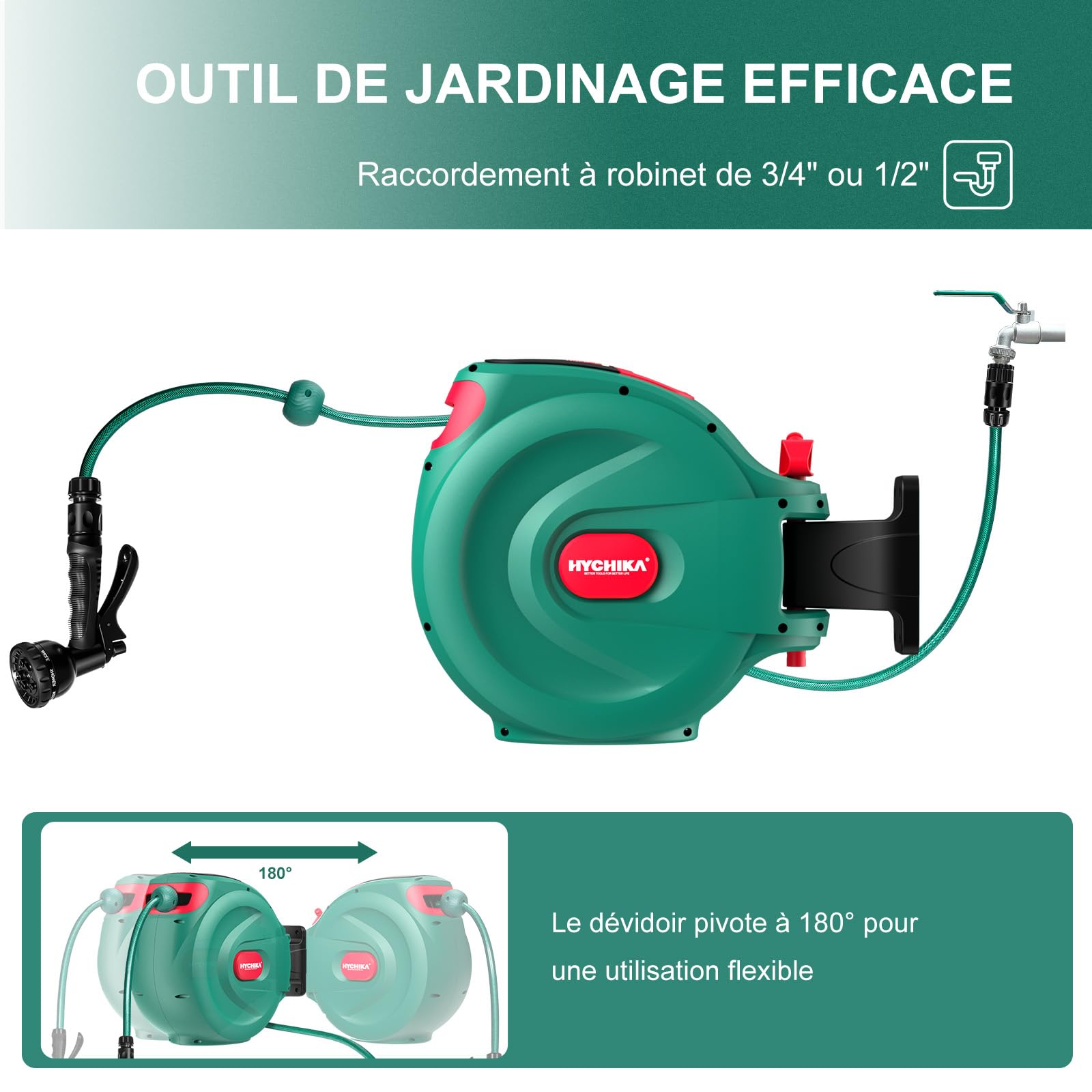 HICHIKA Enrouleur de Tuyau d'Arrosage 20m – Enrouleur Extensible Murale pour Jardin avec Verrouillage et Enroulement Automatique, Buse à 8 Modes, Boîte Pivotante 180°, pour Arrosage Extérieur