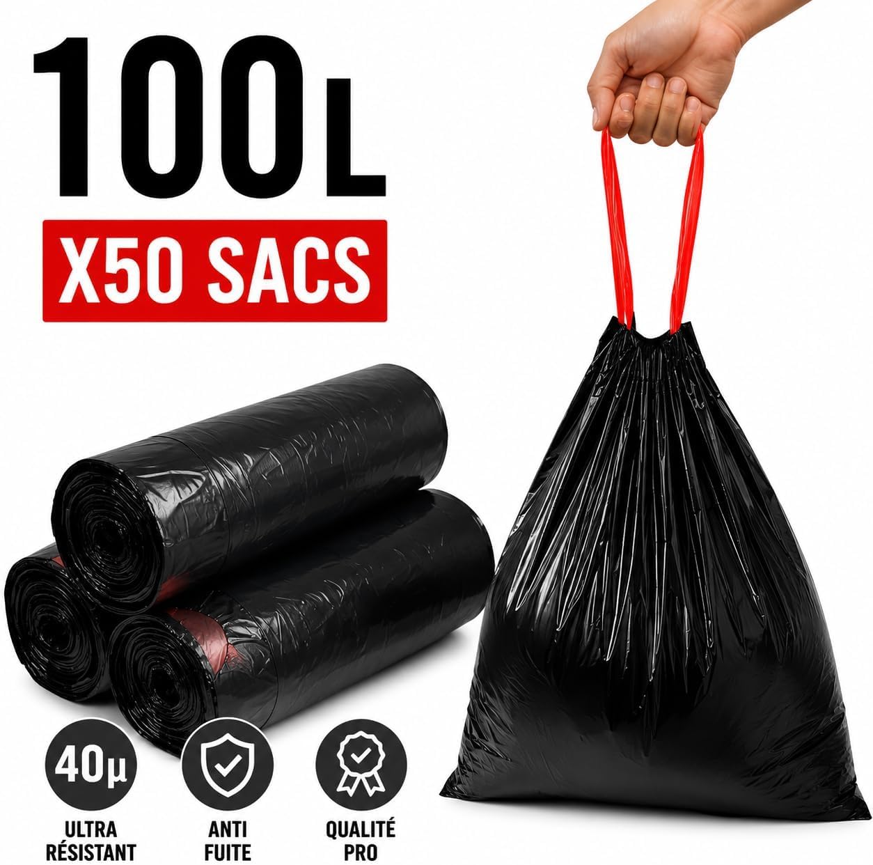 Bolsa de basura de 100 L, enlace deslizante, 50 bolsas de basura de 100 litros, negras, ultra resistente (40 µ) y antifugas, residuos alimentarios | cierre de enlace y asa | práctica e higiénica |