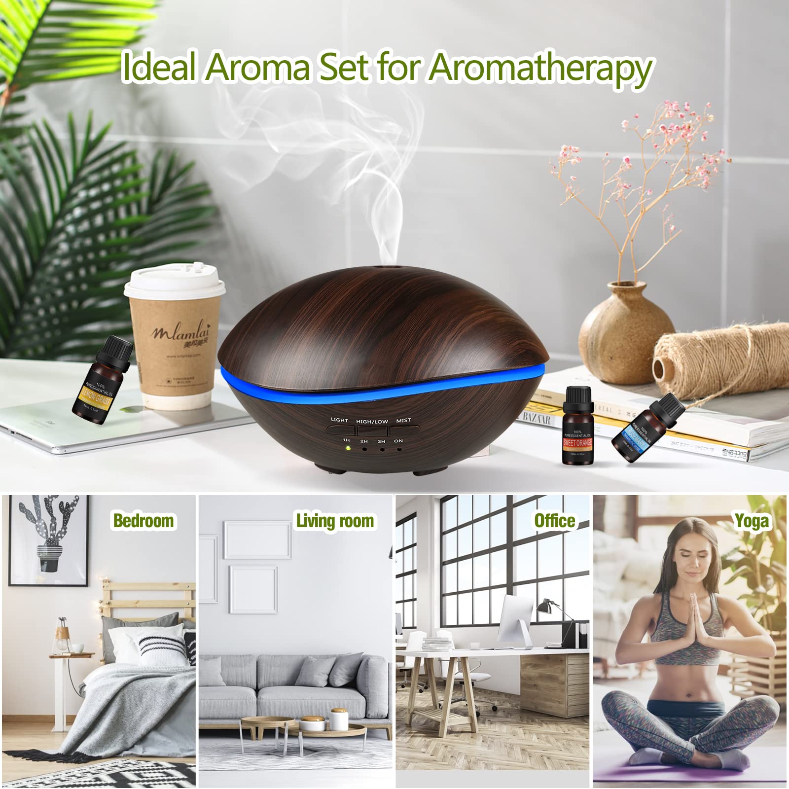 Diffuseur d'Huiles Essentielles, 550ml Humidificateur Ultrasonique Diffuseur Aromathérapie avec 7 Couleurs Lumières LED d'aromathérapie Electrique, Super Silencieux,Maison,Bureau,Chambre,Spa