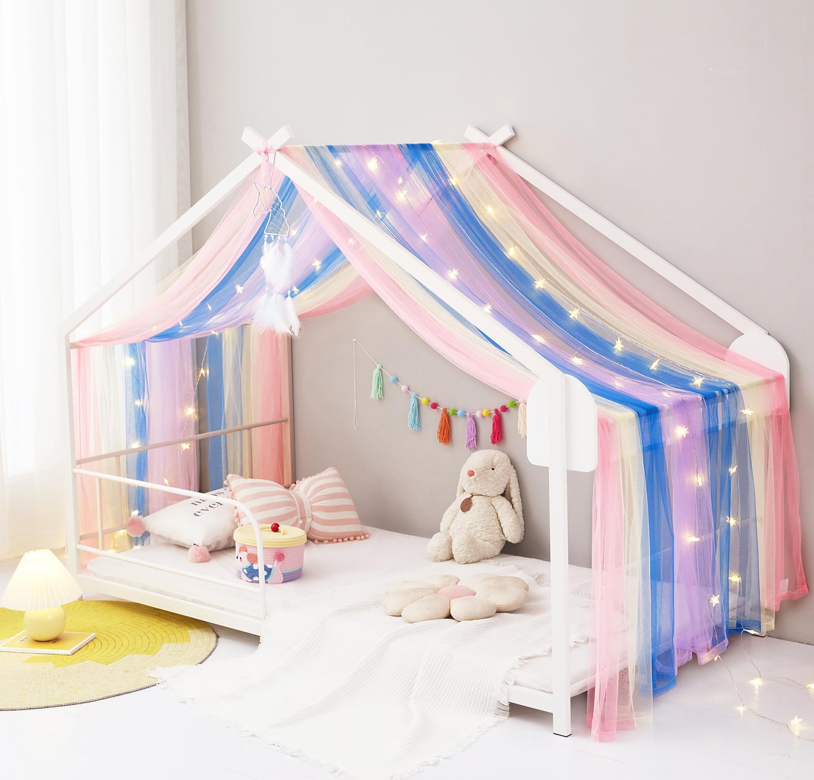 ZIQINPSQ Bed Canopy House Canopy Bed Curtains For Girls Boys,Sheer Bed Scarf Nursery Montessori House Bed Metal Floor Bed For Single Twin Size Bed Decorations (Rainbow)