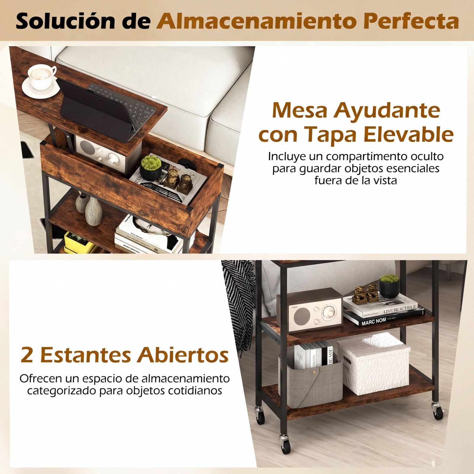 COSTWAY Mesa Auxiliar con Tapa Elevable y Estación de Carga, Mesa de Escritorio con Ruedas, Compartimento Oculto y Estantes, Mesita de Noche para Sofá, Salón y Dormitorio, 60x24x67,5 cm, Industrial