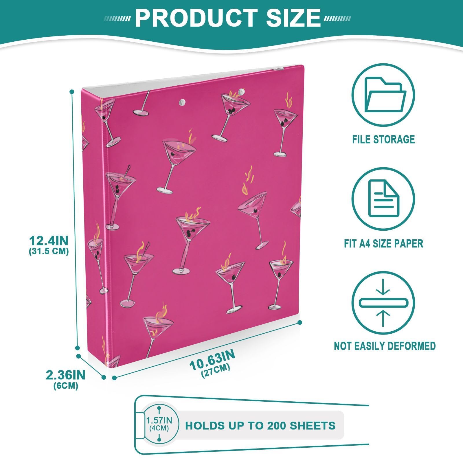 Kcldeci Raccoglitore a 3 anelli con copertina rigida, motivo cartone animato Martini Drinks, 3,8 cm, 200 fogli, per ufficio, casa, rientro a scuola, confezione da 2