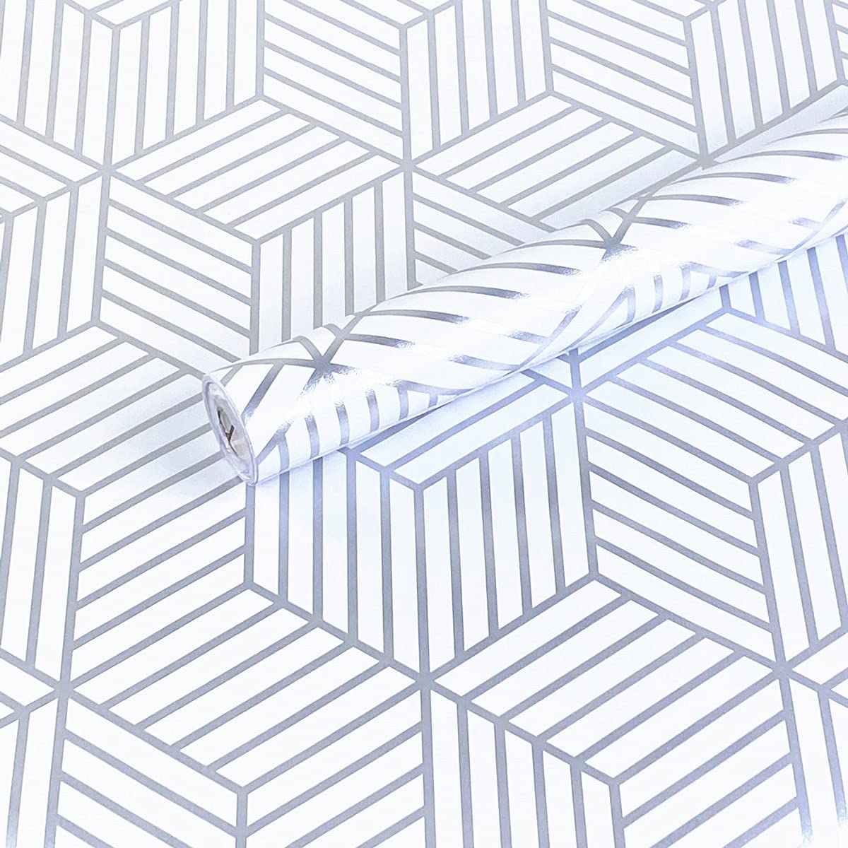 Meboem White Silver Stripped Peel Stick Wallpaper Hexagon Gold Stripes Adhesive Paper Vinyl Film Shelf Drawer Liner Roll 45Cm By 300Cm
