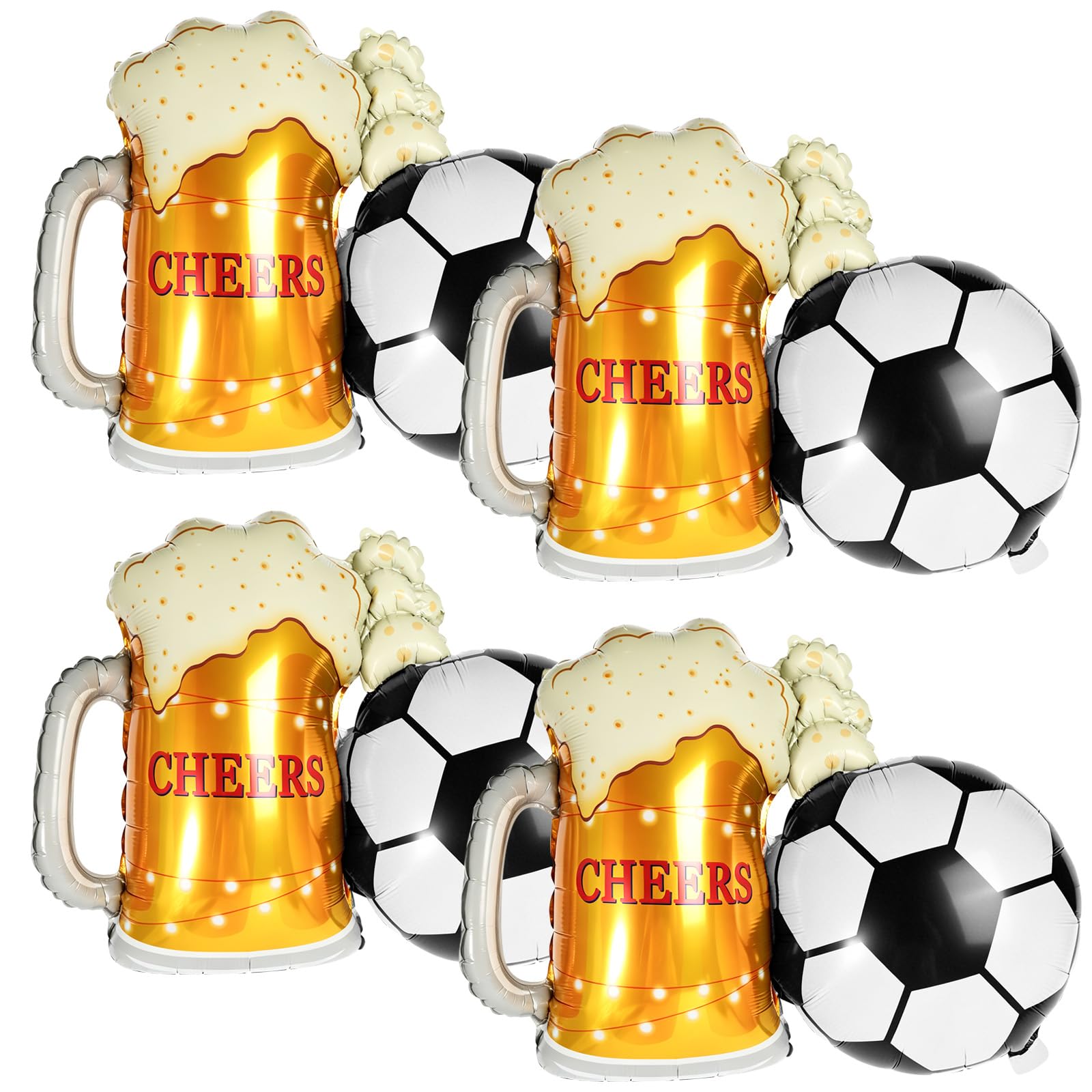 4Pcs Soccer Balloons Set, 3D Football Beer Glass Balloons for Party Decorations, Great for Soccer Themed Birthday & Game Day, Reusable Foil Mylar - Helium & Air Inflatable