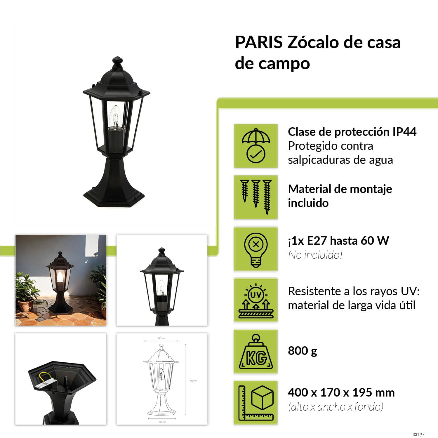 Easylight Lámpara de camino aluminio cristal negro IP44 Camino terraza H:40 cm E27 Lámpara de pie rústica nostálgica para exterior PARIS