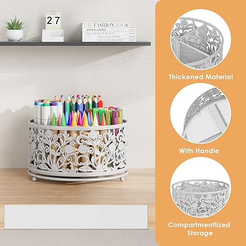 Miniatura 4 de EKNITEY Organizador de escritorio giratorio de malla, 4 ranuras, lindo soporte para lápices para oficina, suministros de arte, hogar, escuela, aula,