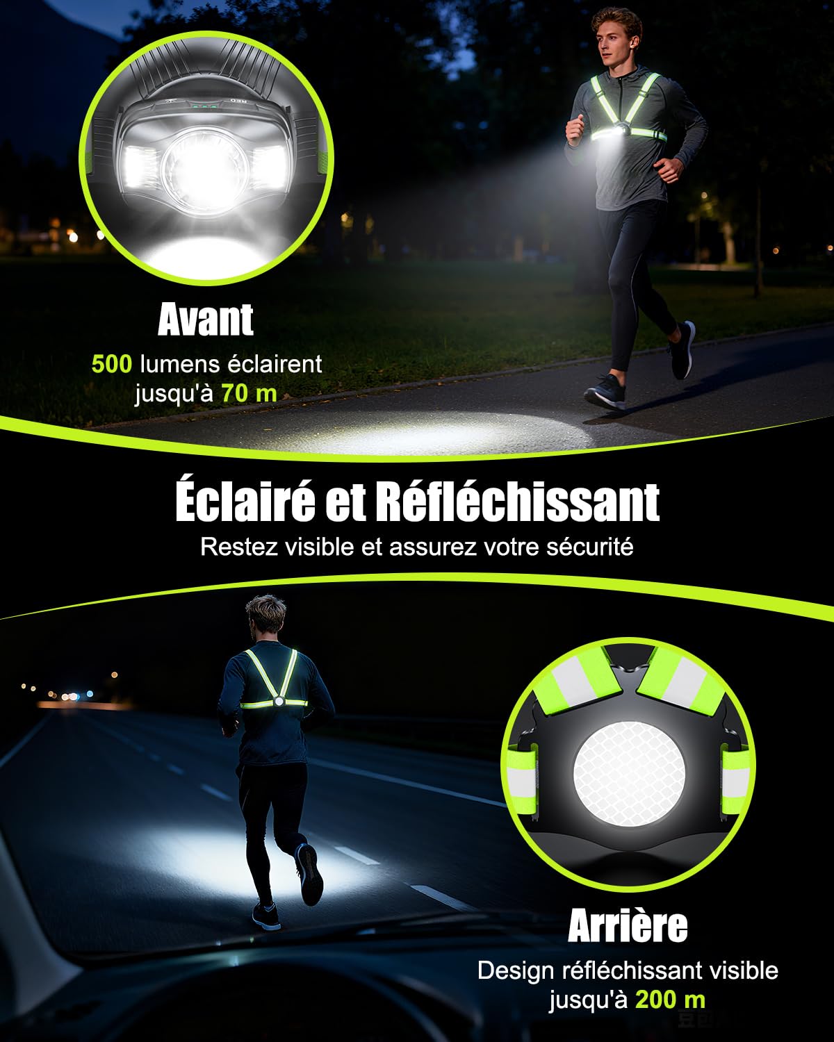 Babacom 500LM Lampe Running Pectorale, 6 Modes Lampe Course a Pied avec Faisceau Réglable 45°, Remplacer Lampe Frontale, Rechargeable Gilet Reflechissant à 360° pour Cyclisme/Jogging Sports Nocturnes