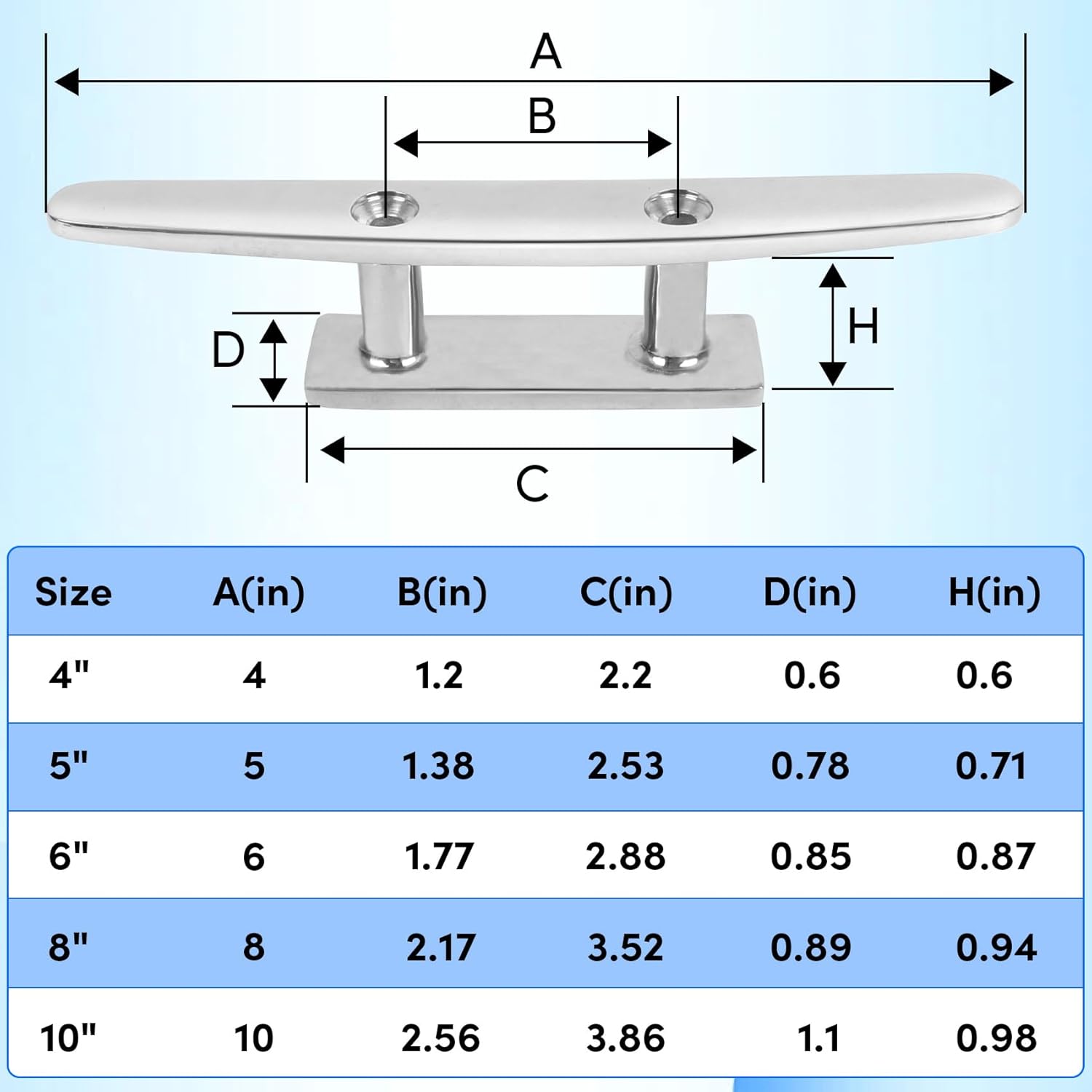 Boat Cleats 8 inch, Open Base Boat Dock Cleats, 316 Stainless Steel Dock Cleats Marine Grade Rope Cleats with Fasteners for Boat, Dock, Deck, Kayak, Yacht, Nautical Decor, 4 Pack