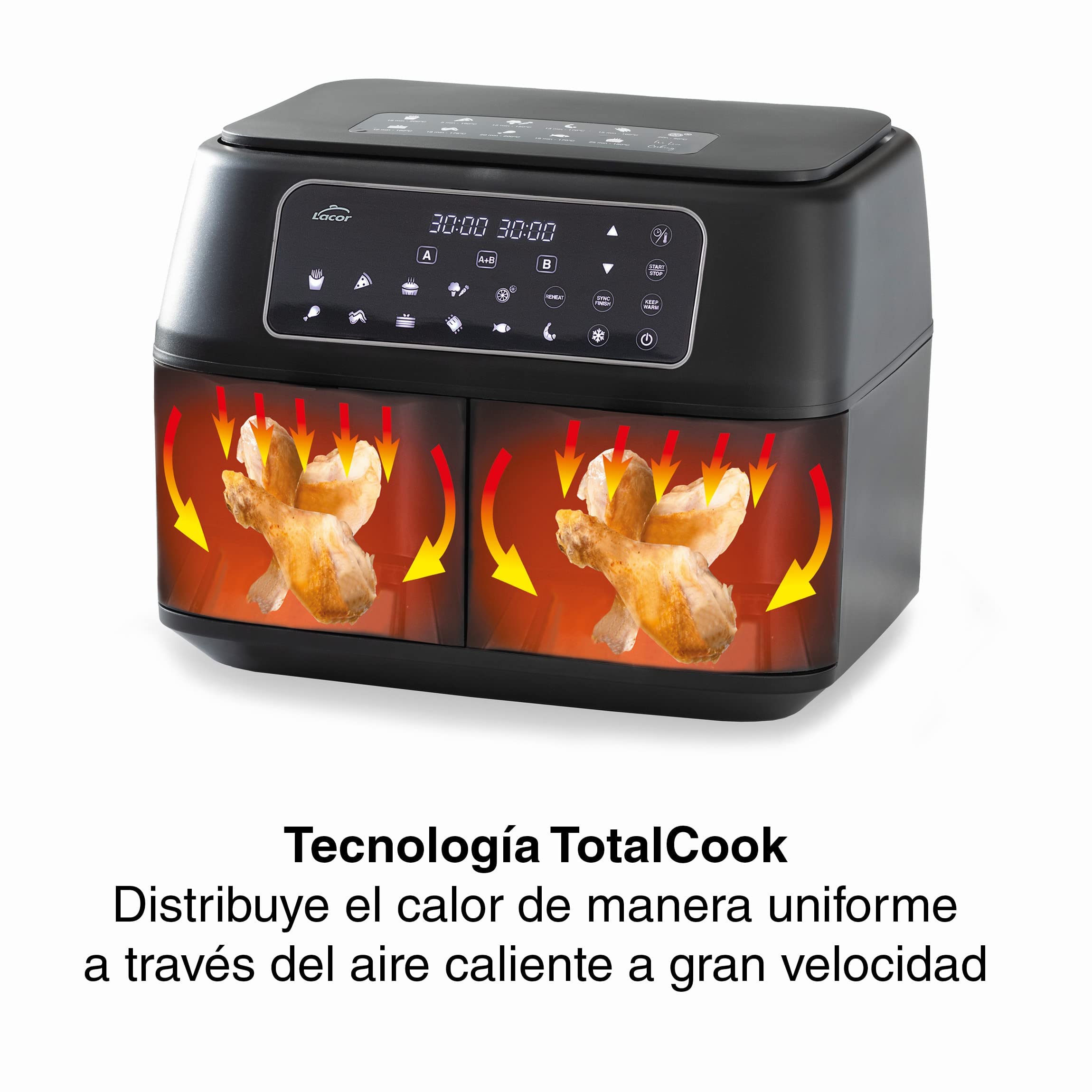 Lacor 69508 - Freidora Sin Aceite DuploAir, Air Fryer con Pantalla Táctil | Frituras crujientes y homogéneas; antiadherente fácil de limpiar, con 9 L de capacidad, práctico y fácil de guardar