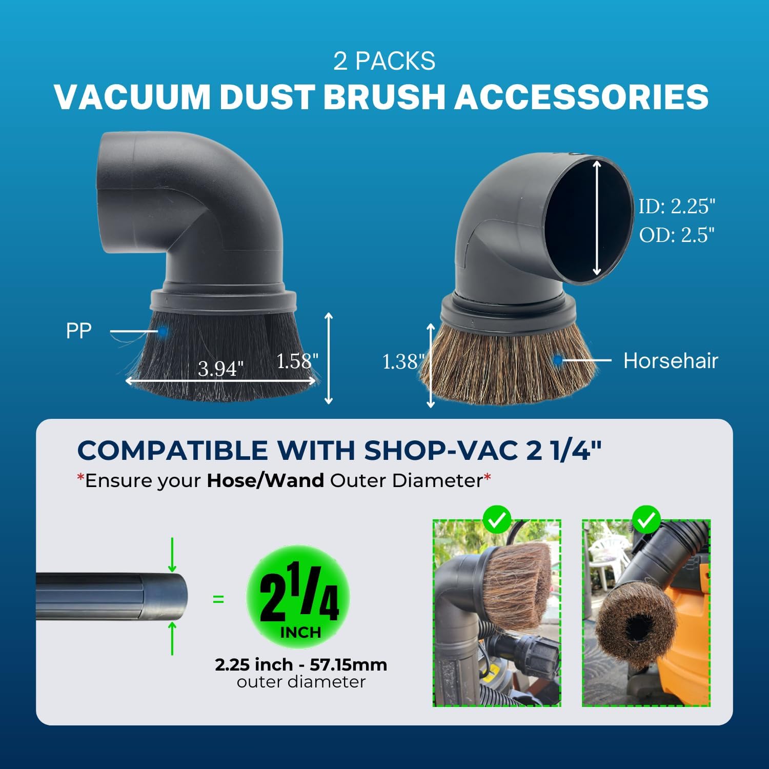 2PACK Horse Hair & Plastic Bristles Brushes for Shop Vac 2-1/2'' - Vacuum Accessories for Shop Vac 2-1/4'' Compatible with Rigid Shop-Vac VacMaster Craftman, Vacuum Attachments for Car Detailing
