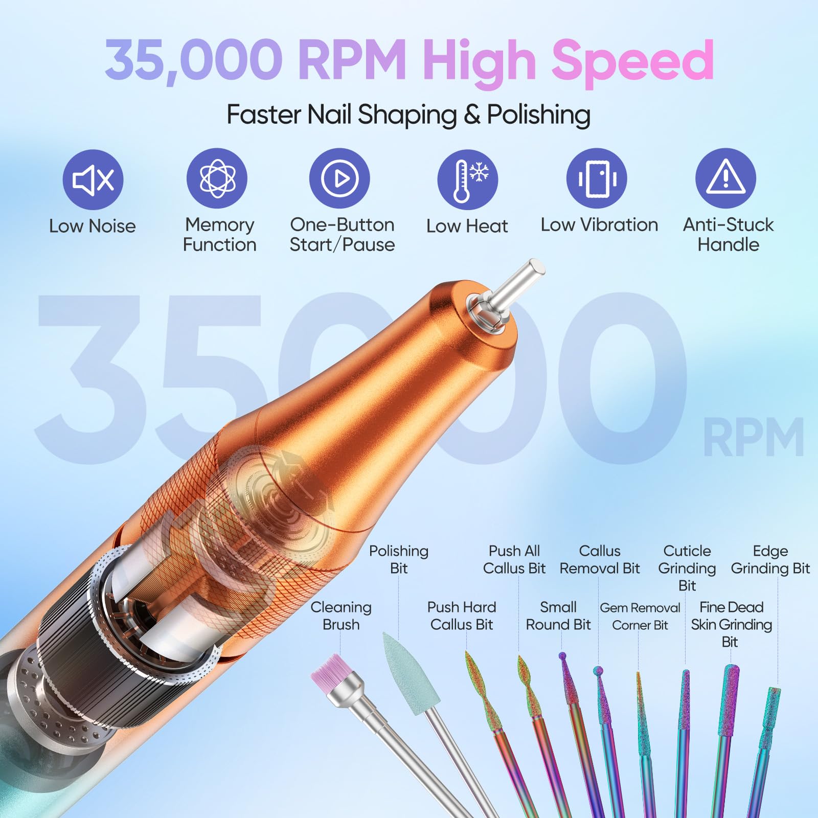 Fresa elettrica per unghie con 12 inserti lucidanti e 30 nastri abrasivi, 0-35.000 giri/min per manicure e pedicure per tagliare, limare, modellare e curare unghie e cuticole, Regolabile (Arancione)
