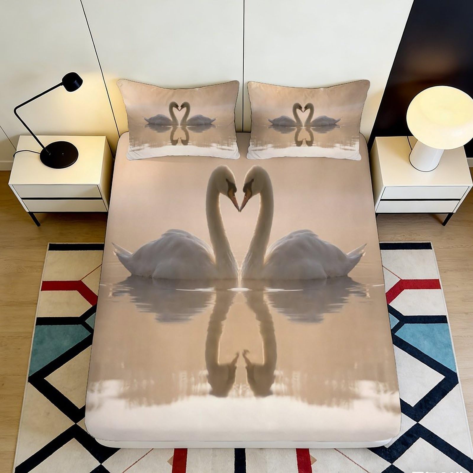 Jqzkxnhpbr Style-4 3D Printed Swan Lake Fitted Sheet Microfiber Soft Brown Romantic Reflection Mattress Cover For Bedroom Guestroom Decor 90X200x25cm