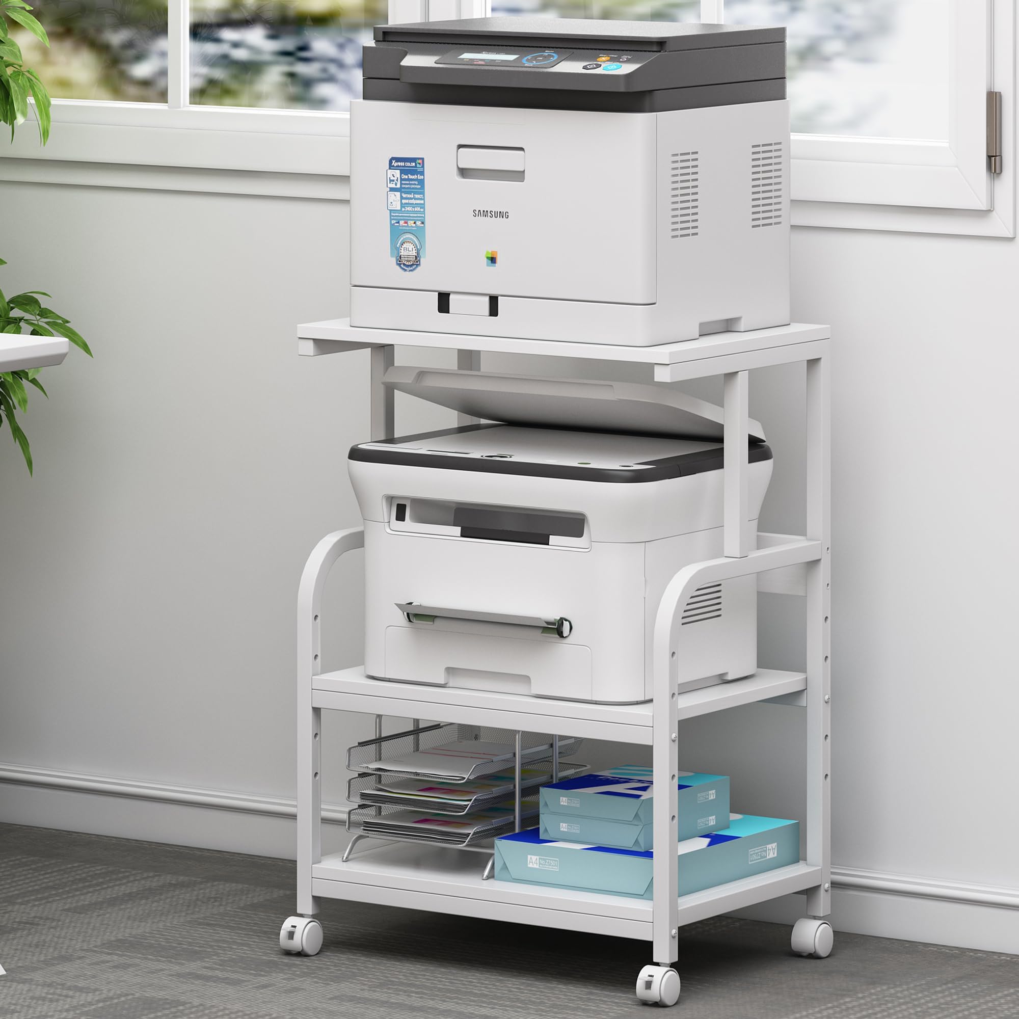 White Printer Stand, 3 Shelf Printer Table with Wheels, Rolling Printer Cart for Home Office Small Spaces Organization and Storage, Stand for Heat Press Microwave