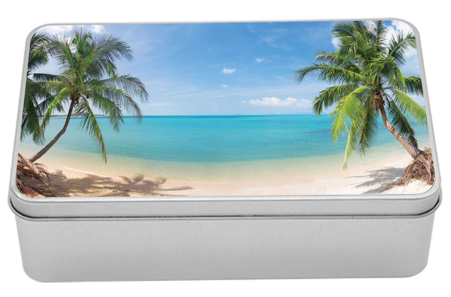 Ambesonne Ocean Tin Box, Panoramic View of Tropical Sandy Beach Exotic Vacation Theme Print, Portable Rectangle Metal Organizer Storage Box with Lid, 7.2" X 4.7" X 2.2", Turquoise Green Pale Brown