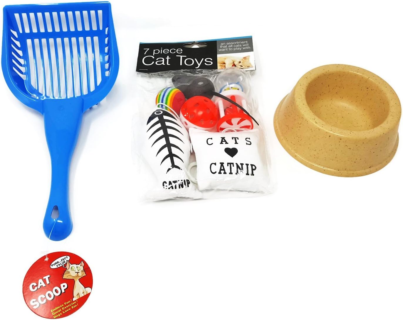 Cat Toys 7 Pieces Catnip Set Cat Scoop and Kitty Cat Bowl 3 piece set Bundle (blue