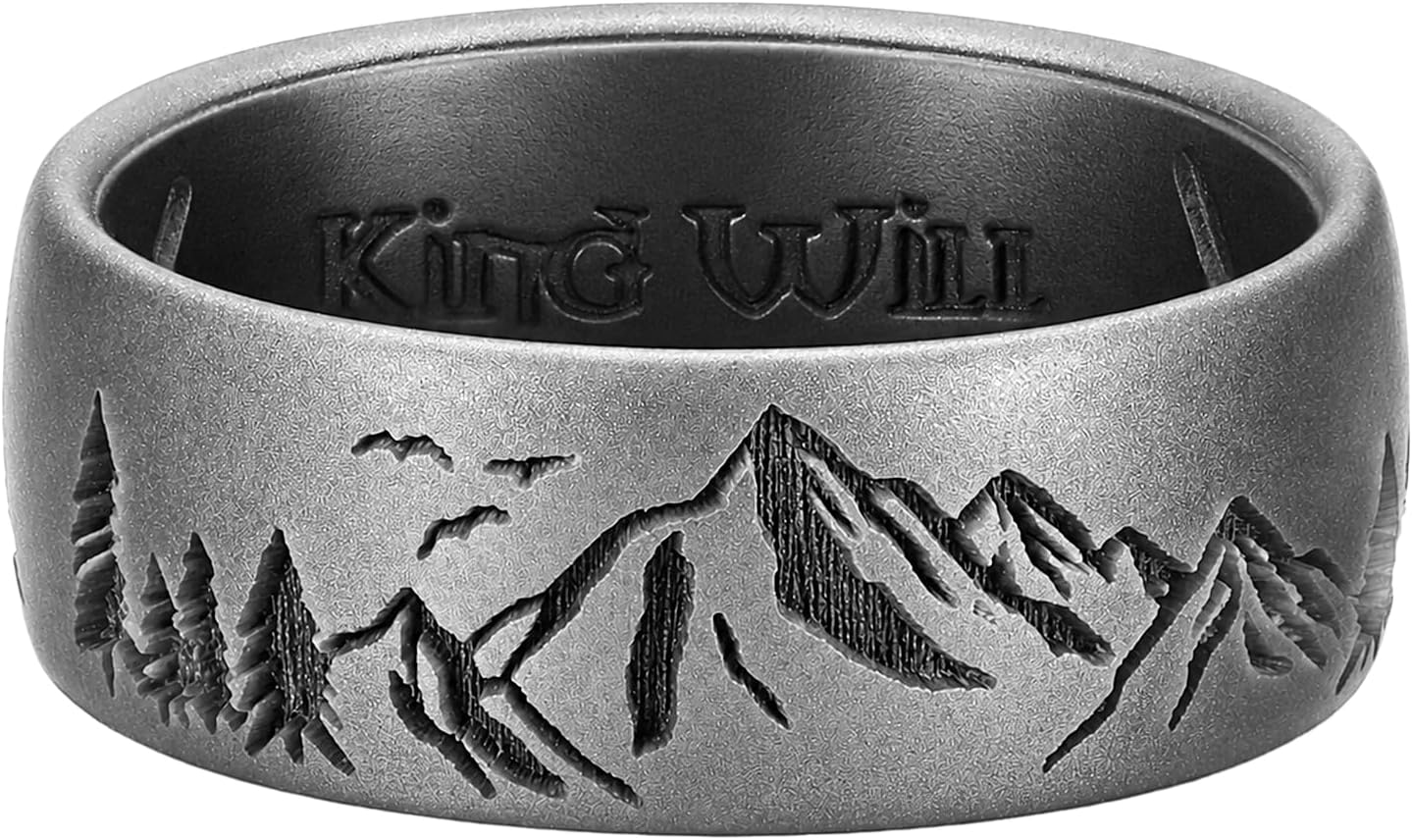 King Will Mountain Silicone Rings for Men Rubber Wedding Bands Patterned Design for Gym Sports Comfort Fit