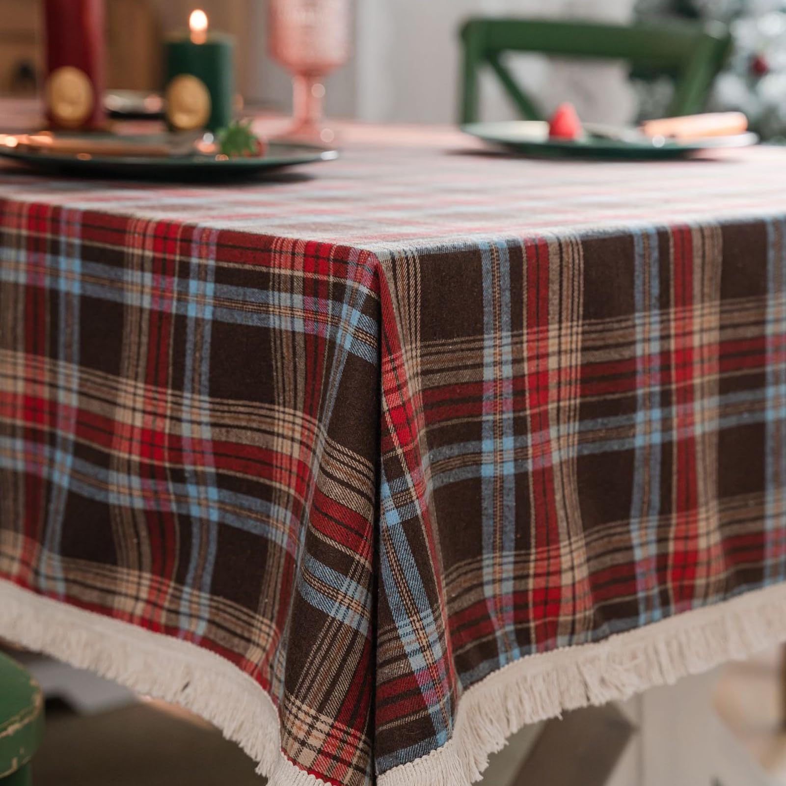 Tovaglia classica a scacchi rossa e verde con nappe, rettangolare, lavabile, antimacchia, facile da pulire, 140 x 240 cm, decorazione natalizia