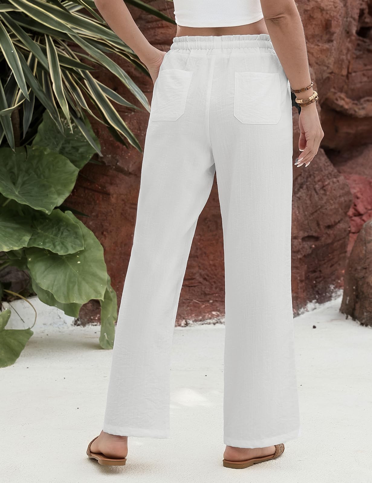 Pantalon Femme Été Fluide Pantalons Taille Haute Elastique Pantalons Décontractés Ample Droites Longueur Palazzo Pants Léger Chic et Elegant avec Cordon Poches
