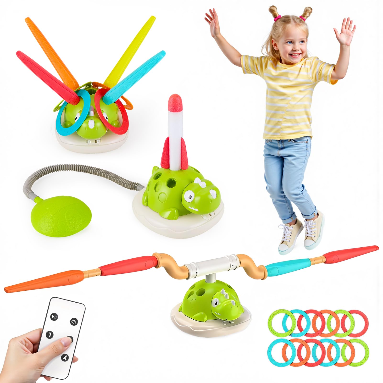 Warmiehomy 3 in1 Kids Outdoors Dinosaur Toys Musical Jump Ring Toss and Rocket Launcher, Active Playset for Boys Girls, Indoor Outdoor Garden Sports Toys for Kids Age 3+
