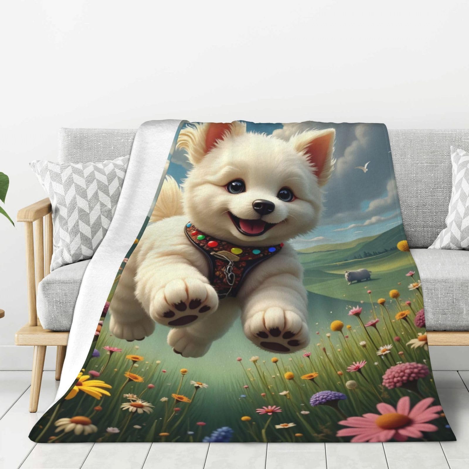 Cute Funny Samoyed Flower Print No.26 Throw Blanket for Couch Sofa Bed, Super Soft Lightweight Cozy Fuzzy Warm Flannel Plush Throw Blanket 60x50 - All Season Use