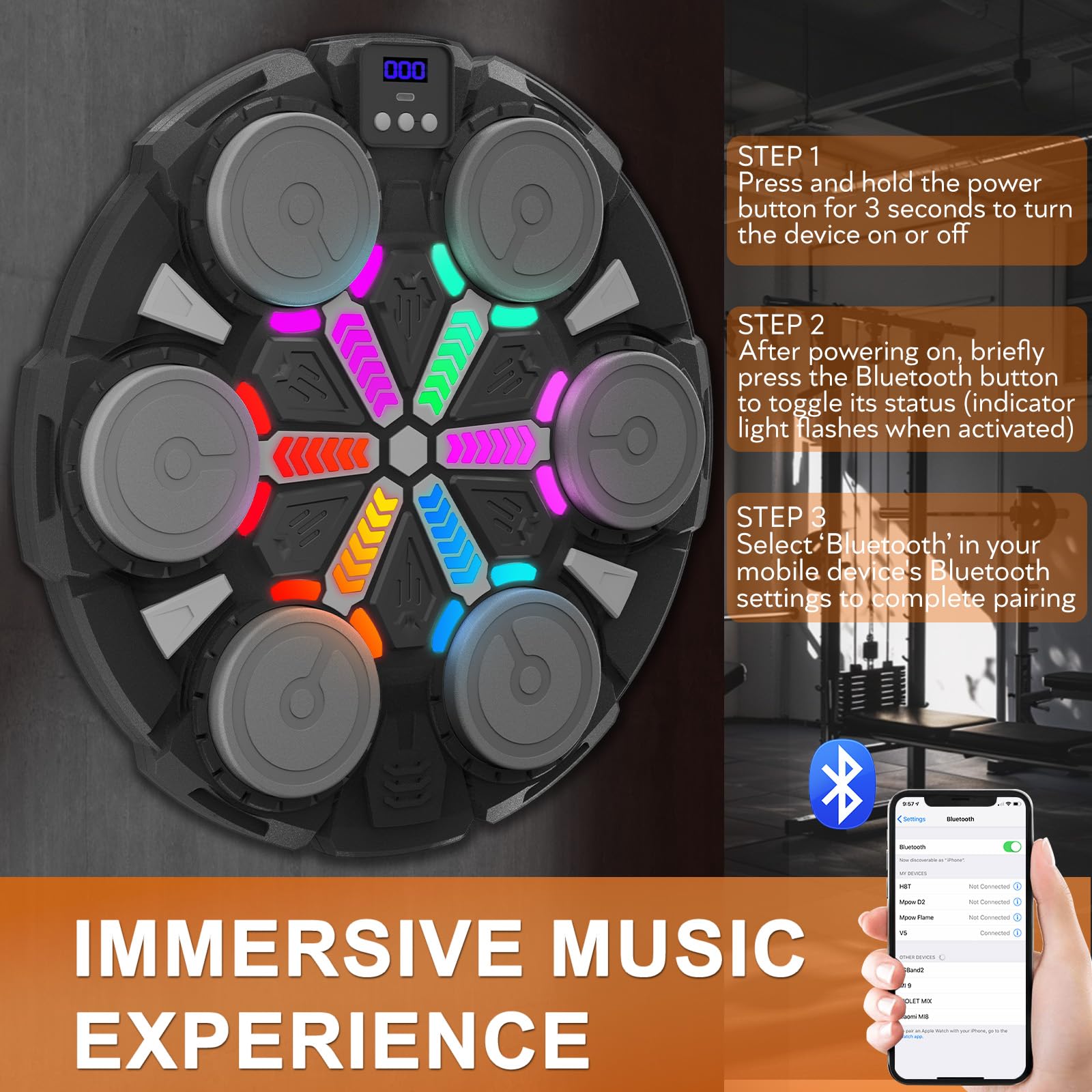 Music Boxing Machine, Macchina da Boxe Musicale, Bluetooth LED per Bambini, Elettronica da Boxe Intelligente, a Parete con Guantoni da Boxe per Adulti e Bambini