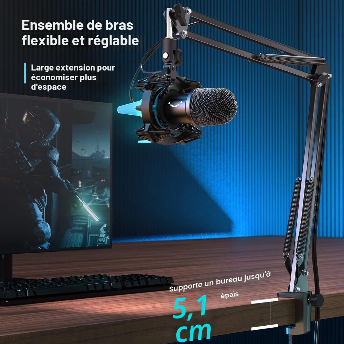 FIFINE USB Microphone Gaming Kit, Dynamiques Microphone pour Ordinateur, avec Bouton de Silence, 8 RGB Couleurs Fixation Antichoc, Support de Bras, Microphone Cardioïde, pour PC PS4 PS5