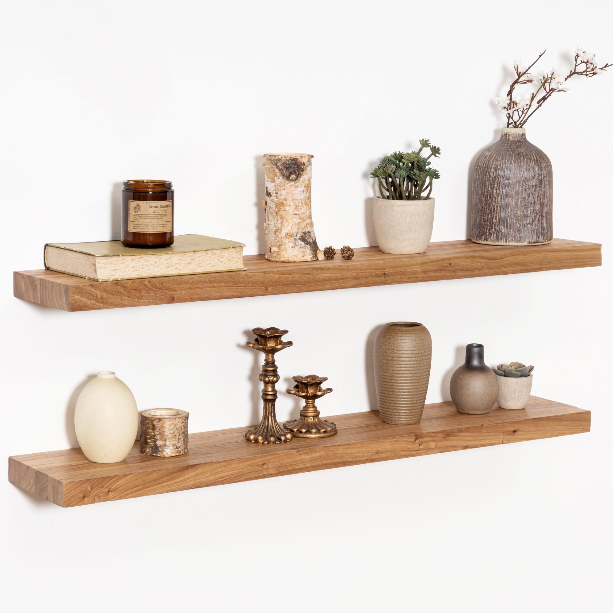 fun memories wood floating shelves 36 inch long, solid elm wood wall shelves set of 2 for kitchen, living room, bedroom, wall-mounted rustic wooden bathroom shelf storage shelf for farmhouse, natural
