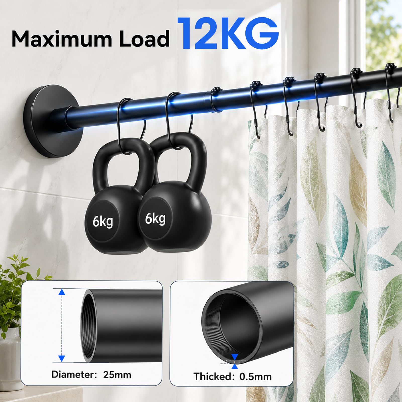 Duschvorhangstange L Form ohne Bohren, 90-130cm Verstellbare Duschstange Ecke, SUS304 Edelstahl Duschvorhang Stange Badewanne mit 12 Haken, für Badewanne/Badezimmer, Schwarz