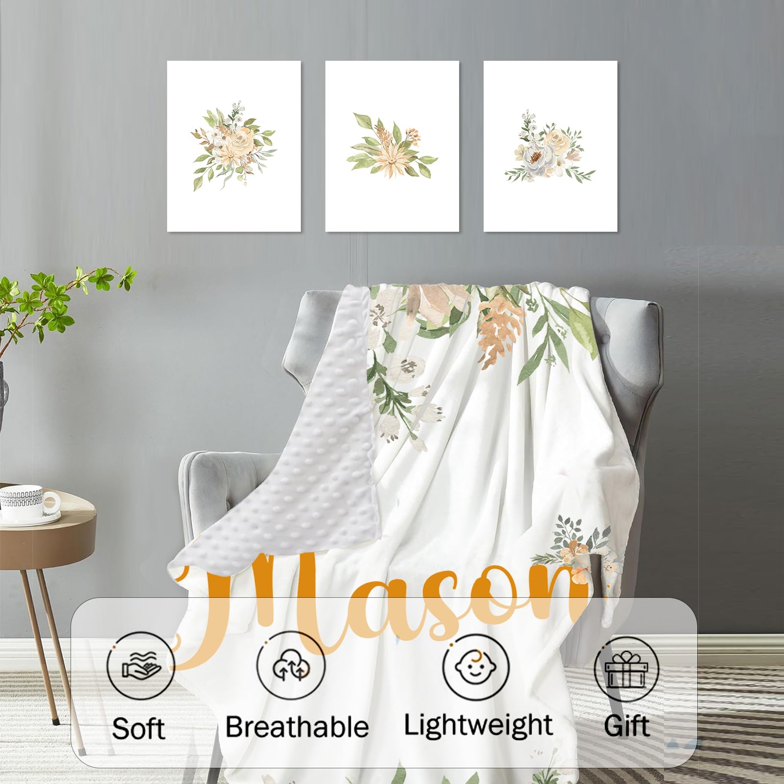 YISMEET Floral Personalized Baby Crib Bedding Set – Custom Name 5-Piece Nursery Crib Set with Baby Blanket Fitted Sheet Changing Pad Cover Room Rug and Wall Art – Girl’s Nursery Decor