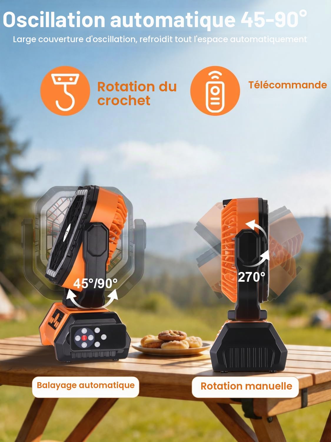 Kssvzz Ventilateur Camping 30000 mAh avec LED, Ventilateur Portable Rechargeable à 4 Vitesses avec Télécommande et Crochet, Ventilateur de Table USB avec Minuterie, Idéal pour Voyages,Barbecue, Pêche