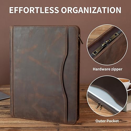 Miniatura 3 de YIWEN Carpeta de 3 anillos hecha a mano de piel de caballo loco con cremallera para hombres y mujeres, organizador de negocios para carta A4 tamaño