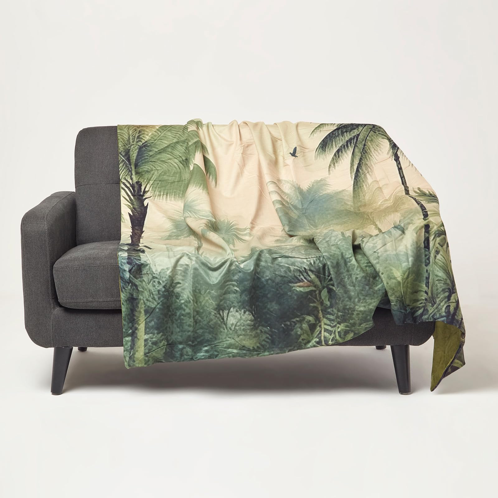 HOMESCAPES Green Palm Sepia Throw, Super Soft Tropical Art Decorative Blanket for Sofa & Bed, 130 x 170cm