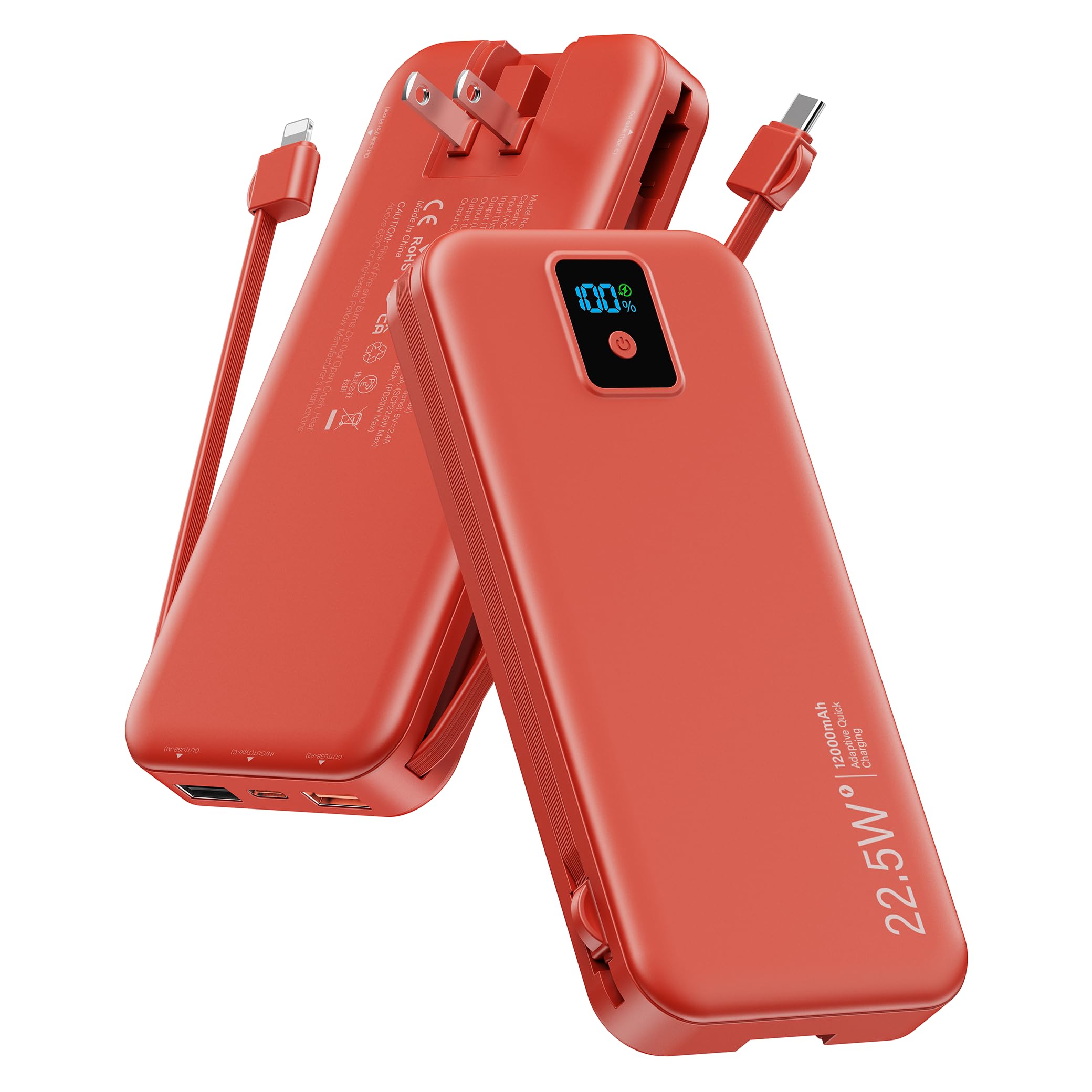 Portable Charger 12000mAh 22 5W Fast Charging Power Bank with Built-in Cables Wall Plug Travel Essentials Battery Pack