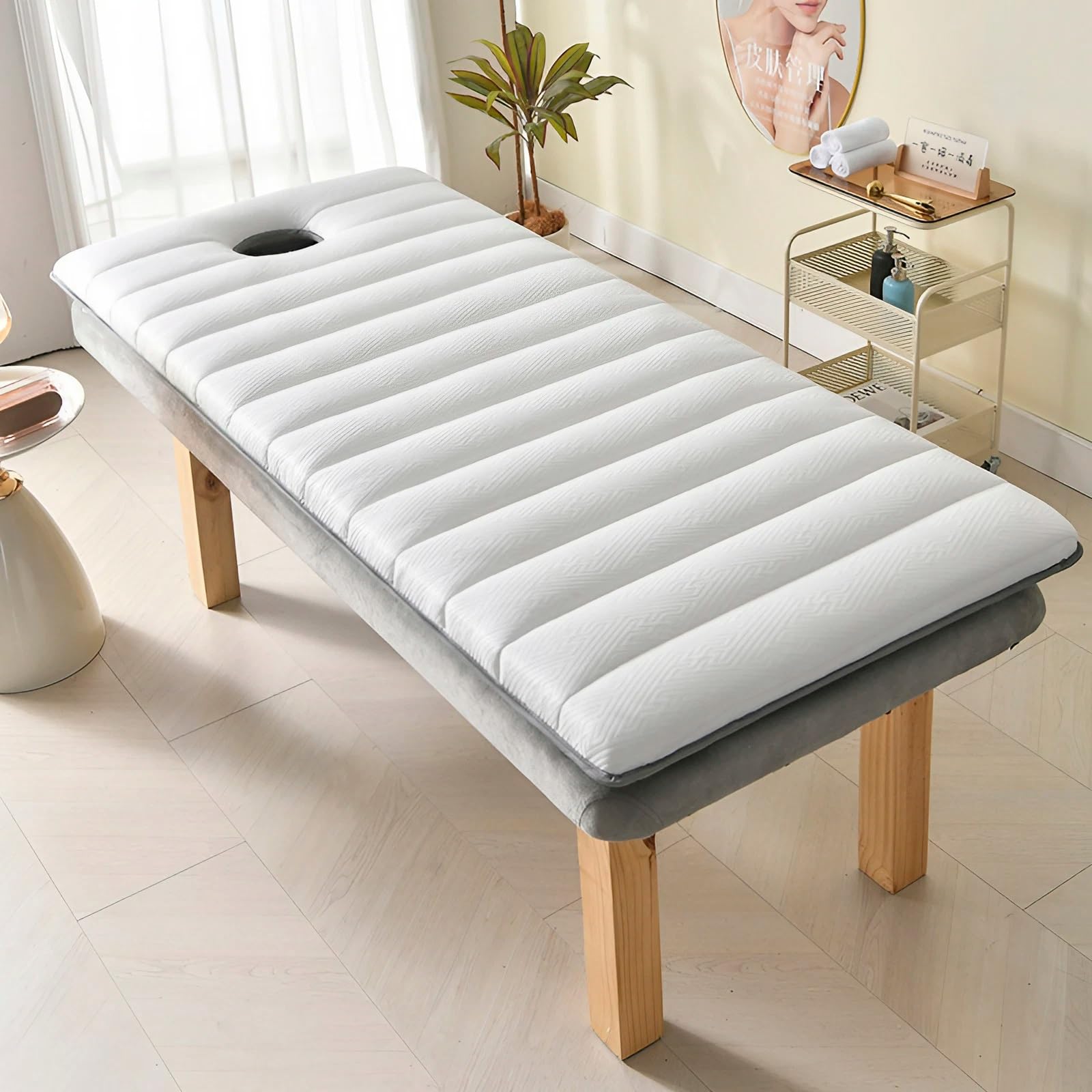 Colchoneta y Tapete Antideslizante para Camilla de Masaje, Espuma Viscoelástica de Látex, con Orificio, para Uso en Casa, Hotel y Salón de Belleza(White,60 x 180 x 4cm)