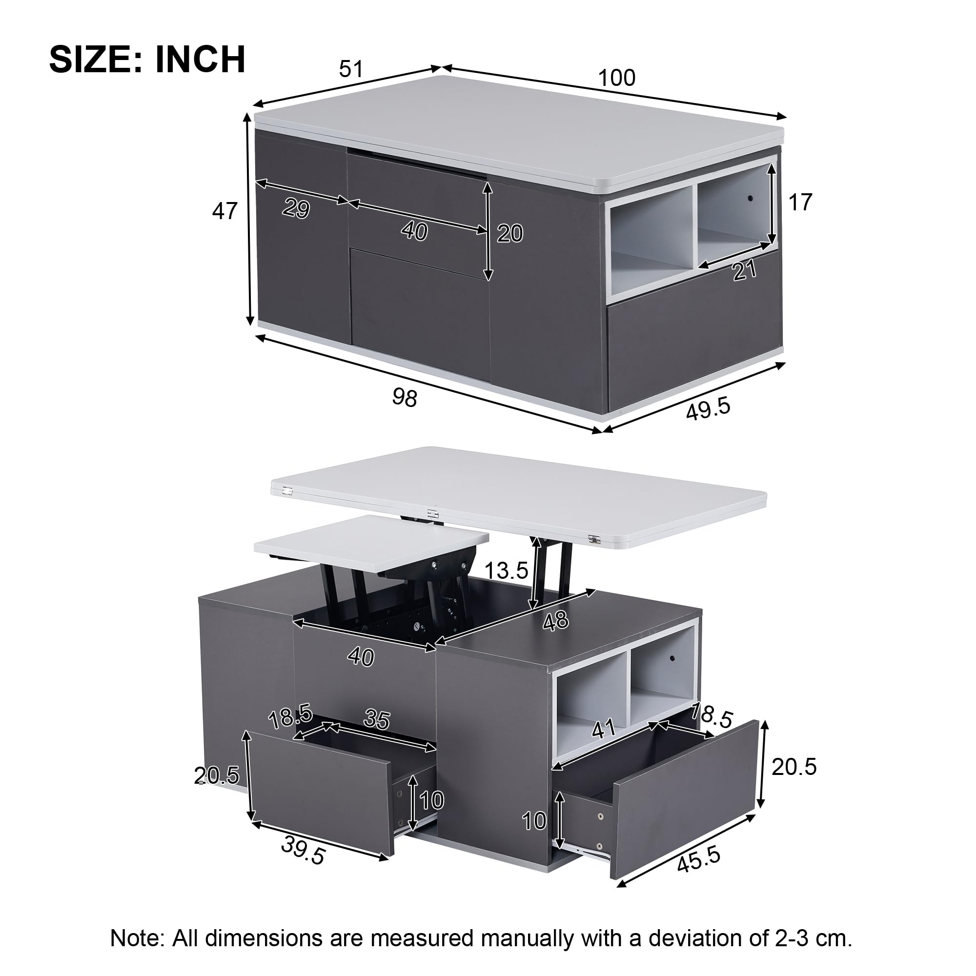 Mesa de centro multifunción elevable - La mesa se abre a 2 mesas, gris oscuro + gris claro, gran capacidad, muebles modernos de salón, mesa auxiliar de oficina, mesa auxiliar multifunción