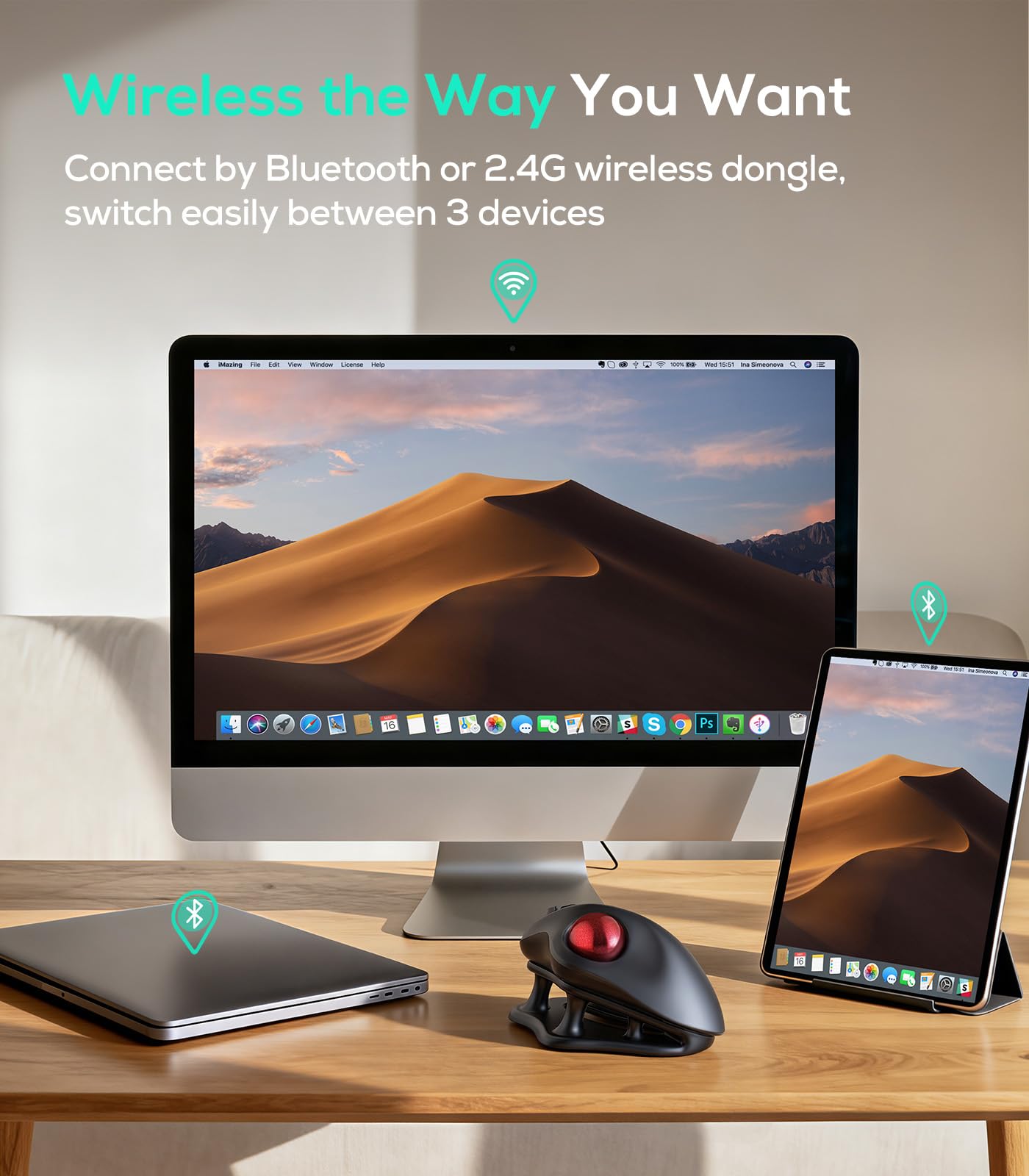Nulea Souris trackball sans Fil M511, Souris Ergonomique Rechargeable à Commande Pouce avec Support d'inclinaison, Suivi Lisse et précis, Connexion de 3 appareils (récepteur Bluetooth ou USB) - Rouge