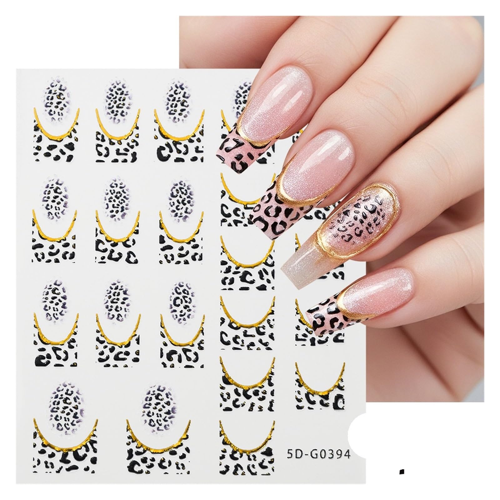 6 Sheet Sexy Golden French Leopard Print Nail Art Stickers 5D White+Black Spotted Design Decals DIY Decor(Color2)