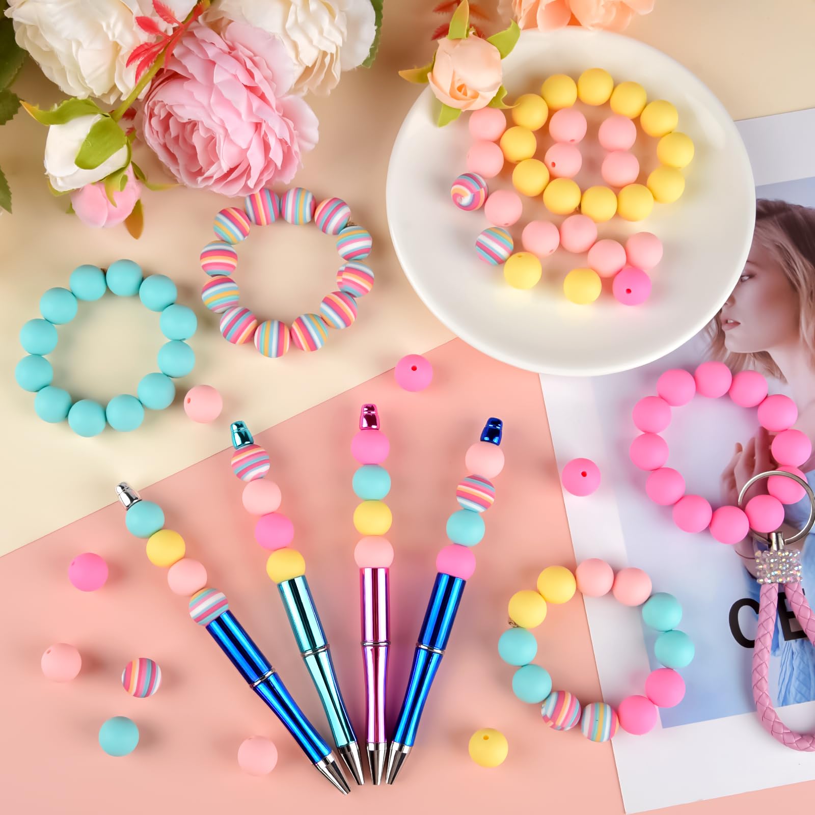 ASTARON 100 Pcs 15mm Silicone Beads for Keychain Making Rainbow Round Beads Bulk for Bracelets Crafts Beadable Pens Decorations Jewelry Making Supplies - Image 4