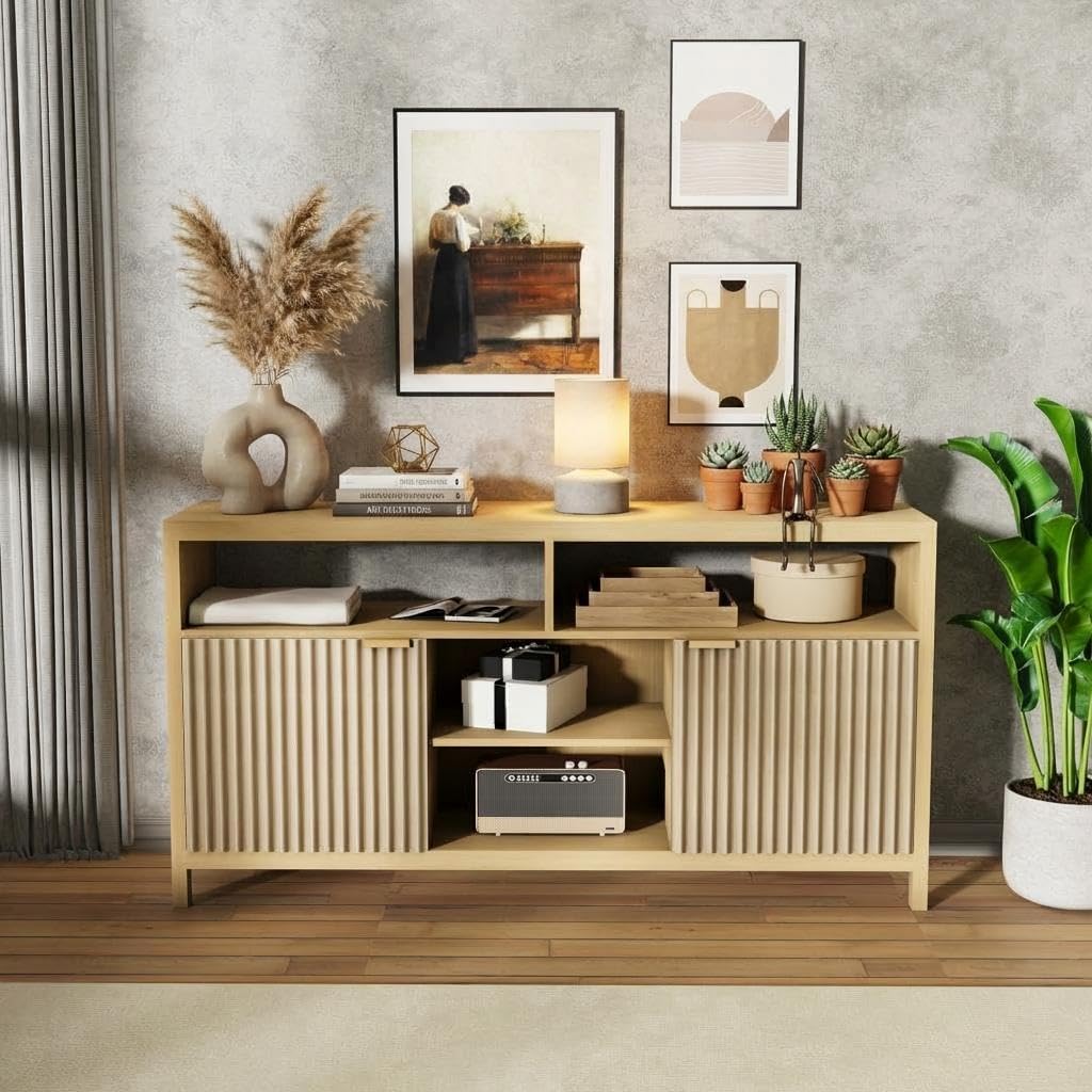 Fluted Design TV Stand - Fits 65 Inch TVs, Mid Century Modern Wood Entertainment Center - Adjustable Shelves, Ample Storage - Slim Farmhouse Media Console for Living Room or Bedroom, Oak Ash
