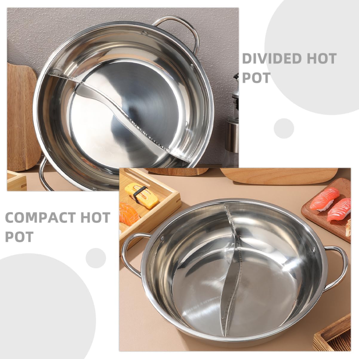 KICHOUSE Double Flavor Stainless Steel Hot Pot Divider Induction Gas Compatible Cookware for Home Commercial Use Easy to Clean Maintain No Lid