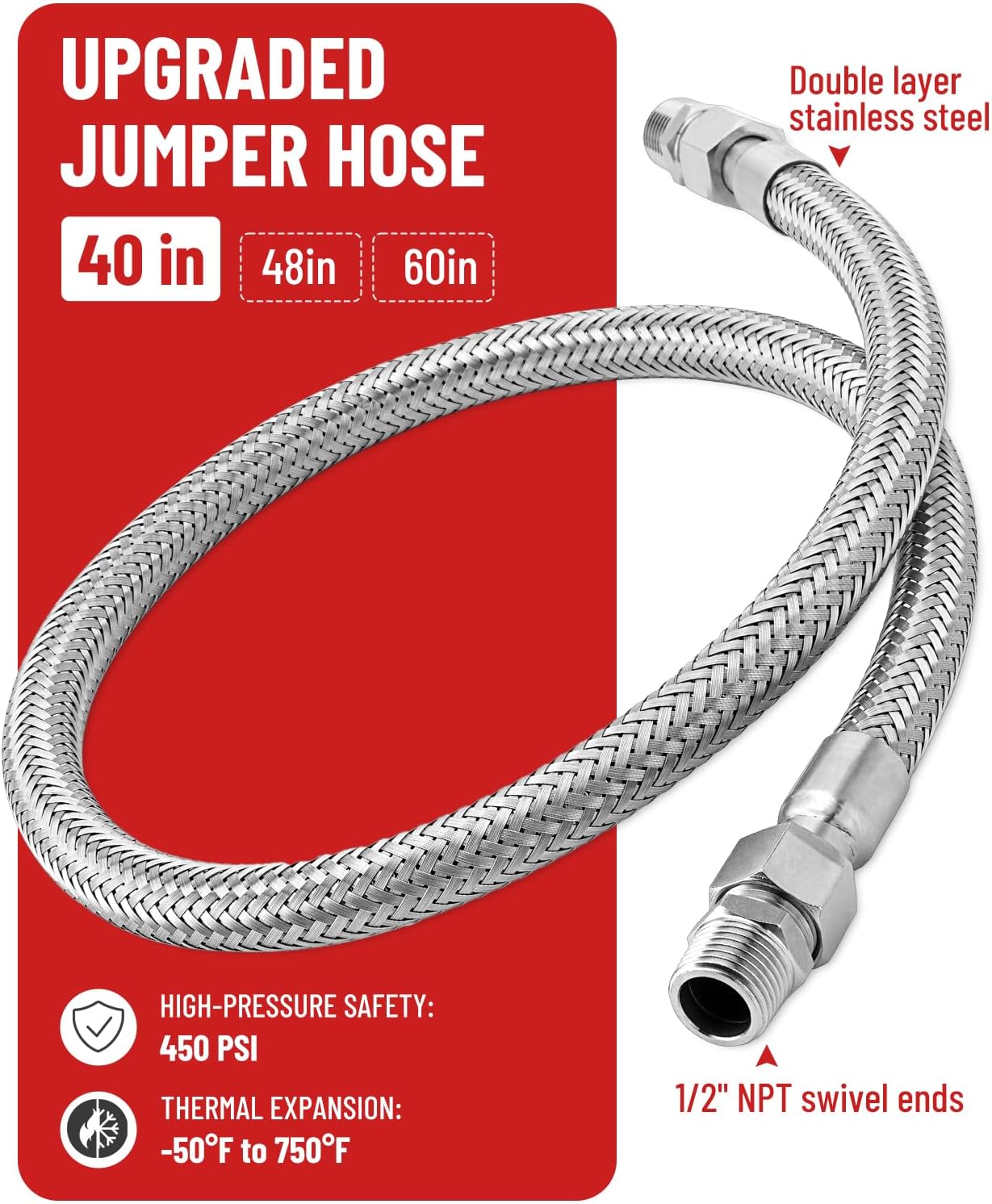 1/2" x 40" Air Compressor Jumper Hose Kit - 1/2" Male NPT to 1/2" Male NPT Swivel Ends - 450 PSI, 750°F Stainless Steel Braided - Industrial Grade 1/2" x 40" Stainless Steel
