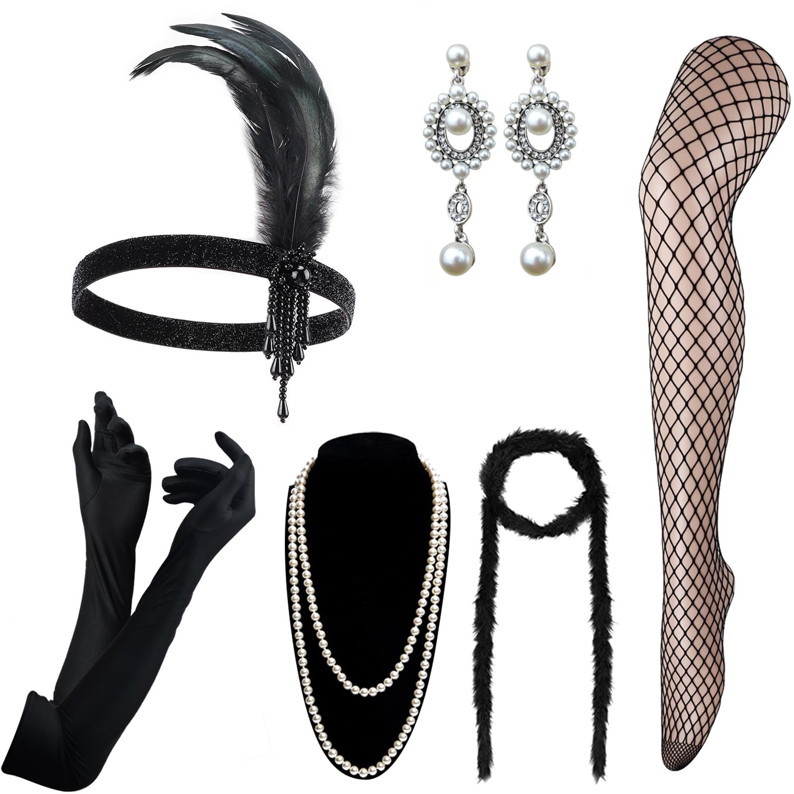 DRESHOW 1920s Accessories Headband Necklace Gloves Flapper Costume Accessories Set for Women