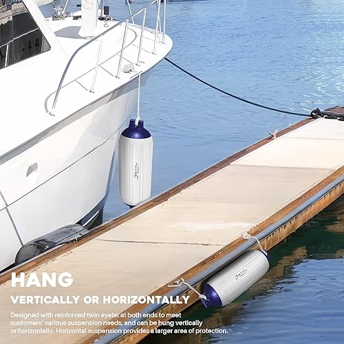 Miniatura 43 de Paquete de 4 defensas de barco de 8.5 x 27 pulgadas, acanaladas con ojos gemelos, parachoques para acoplamiento, viene con cuerdas y bomba para Azul